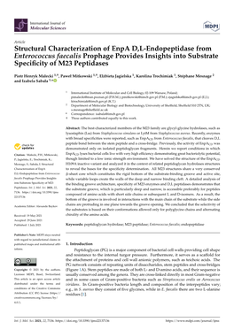 Structural Characterization of Enpa D,L-Endopeptidase from Enterococcus Faecalis Prophage Provides Insights Into Substrate Speciﬁcity of M23 Peptidases