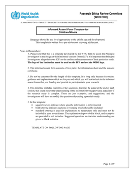 Informed Assent Form Template for Children/Minors