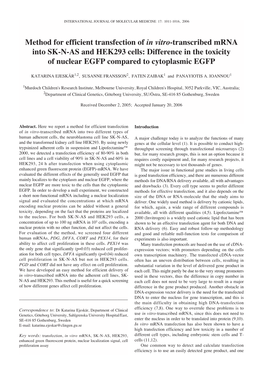 Method for Efficient Transfection of in Vitro-Transcribed Mrna Into SK-N-AS and HEK293 Cells: Difference in the Toxicity of Nuclear EGFP Compared to Cytoplasmic EGFP