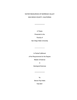 Water Resources of Borrego Valley, San Diego County, CA