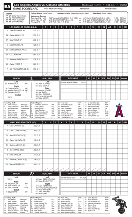 Los Angeles Angels Vs. Oakland Athletics Monday, April 11, 2016 7:05 P.M