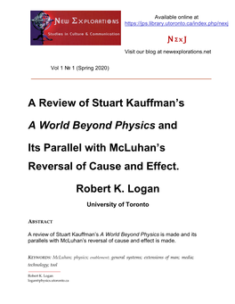 A Review of Stuart Kauffman's a World Beyond Physics and Its Parallel