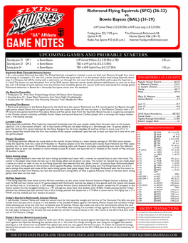 UPCOMING GAMES and PROBABLE STARTERS Saturday, June 23 GM 1 Vs Bowie Baysox LHP Garrett Williams (2-5, 5.50 ERA) Vs TBD 5:05 P.M