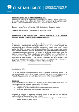 Report of Futures for CELS Meeting 11 May 2007 This Report Is Intended As a Summary of the Meeting. It Does Not Purport to Be a Full Or Verbatim Record