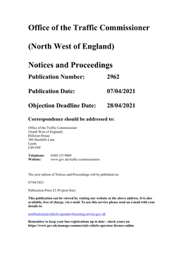 Office of the Traffic Commissioner (North West of England) Notices