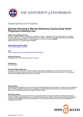 Spinster Homolog 2 (Spns2) Deficiency Causes Early Onset Progressive Hearing Loss', Plos Genetics, Vol