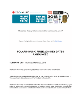 Polaris Music Prize 2018 Key Dates Announced