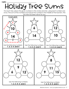 Holiday Tree Sums for Each Tree, Place the Given Numbers in the Circles and Star, Using Each Number Only Once