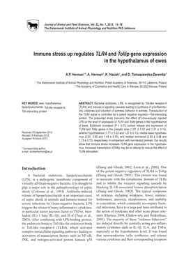 Immune Stress up Regulates TLR4 and Tollip Gene Expression in the Hypothalamus of Ewes
