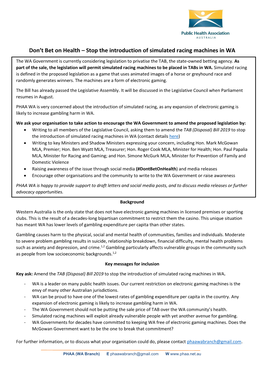 Don't Bet on Health – Stop the Introduction of Simulated Racing Machines in WA