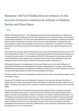 Myanmar: UN Fact-Finding Mission Releases Its Full Account of Massive Violations by Military in Rakhine, Kachin and Shan States