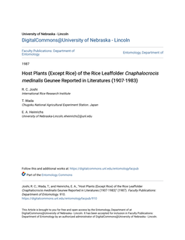 Host Plants (Except Rice) of the Rice Leaffolder &lt;I&gt;Cnaphalocrocis