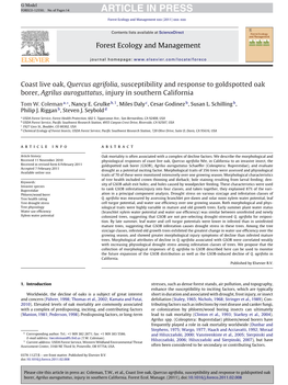 Coast Live Oak, Quercus Agrifolia, Susceptibility and Response to Goldspotted Oak Borer, Agrilus Auroguttatus, Injury in Southern California