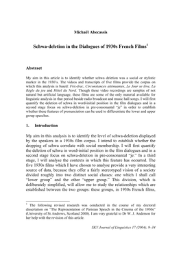 Schwa-Deletion in the Dialogues of 1930S French Films1