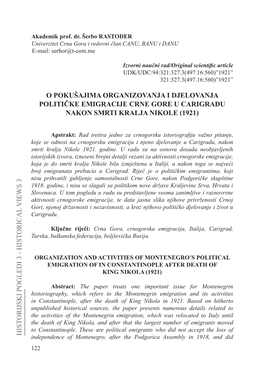 O Pokušajima Organizovanja I Djelovanja Političke Emigracije Crne Gore U Carigradu Nakon Smrti Kralja Nikole (1921)