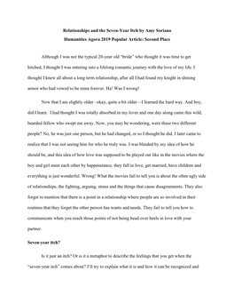 Relationships and the Seven-Year Itch by Amy Soriano Humanities Agora 2019 Popular Article: Second Place