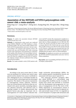 Association of the HOTAIR Rs4759314 Polymorphism with Cancer