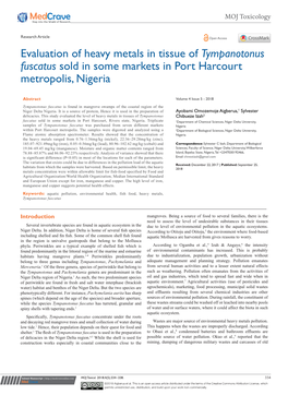 Evaluation of Heavy Metals in Tissue of Tympanotonus Fuscatus Sold in Some Markets in Port Harcourt Metropolis, Nigeria