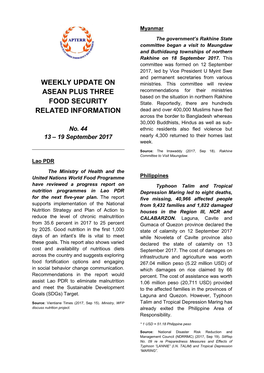 Weekly Update on ASEAN Plus Three Food Security Related Information Is Based on All Available Sources During the Period