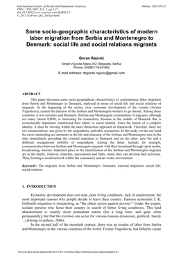 Some Socio-Geographic Characteristics of Modern Labor Migration from Serbia and Montenegro to Denmark: Social Life and Social Relations Migrants