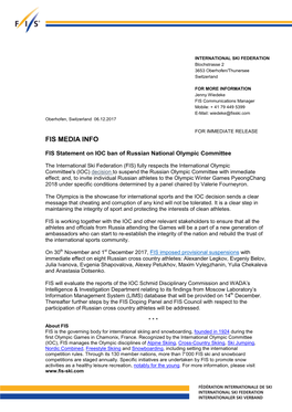 FIS Statement on IOC Ban of Russian National Olympic Committee