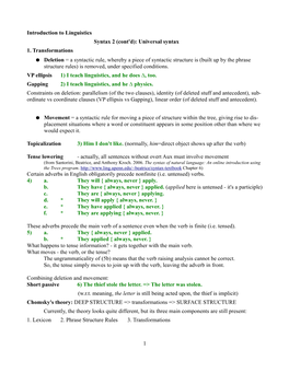 Universal Syntax 1. Transformations Deletion = a Syntactic Rule, Whereby