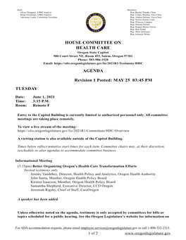 HOUSE COMMITTEE on HEALTH CARE AGENDA Revision 1 Posted