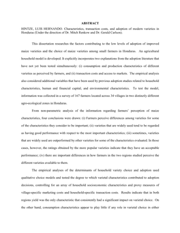 ABSTRACT HINTZE, LUIS HERNANDO. Characteristics, Transaction Costs, and Adoption of Modern Varieties in Honduras (Under the Direction of Dr