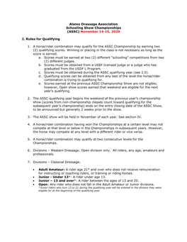 Alamo Dressage Association Schooling Show Championships (ASSC) November 14-15, 2020 I. Rules for Qualifying 1. a Horse/Rider