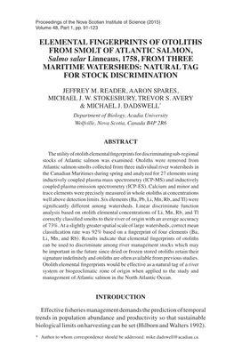 ELEMENTAL FINGERPRINTS of OTOLITHS from SMOLT of ATLANTIC SALMON, Salmo Salar Linneaus, 1758, from THREE MARITIME WATERSHEDS: NATURAL TAG for STOCK DISCRIMINATION