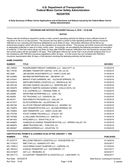 U.S. Department of Transportation Federal Motor Carrier Safety Administration REGISTER