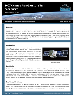 2007 Chinese Anti-Satellite Test Fact Sheet