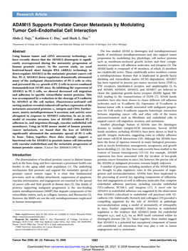 ADAM15 Supports Prostate Cancer Metastasis by Modulating Tumor Cell–Endothelial Cell Interaction Abdo J