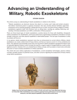 Advancing and Understanding of Military, Robotic Exoskeletons