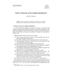 Steiner's Theorems on the Complete Quadrilateral