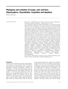 Phylogeny and Evolution of Wasps, Ants and Bees (Hymenoptera, Chrysidoidea, Vespoidea and Apoidea) Phylogeny of Aculeata D. J. B