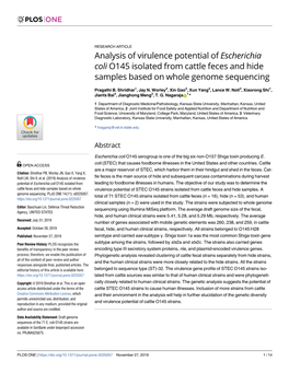 Analysis of Virulence Potential of Escherichia Coli O145 Isolated from Cattle Feces and Hide Samples Based on Whole Genome Sequencing