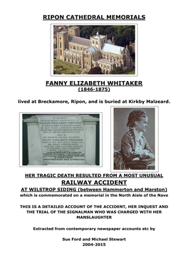 Ripon Cathedral Memorials Fanny Elizabeth Whitaker Railway Accident