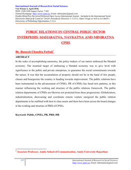 PUBLIC RELATIONS in CENTRAL PUBLIC SECTOR ENTERPRISES: MAHARATNA, NAVRATNA and MINIRATNA Cpses