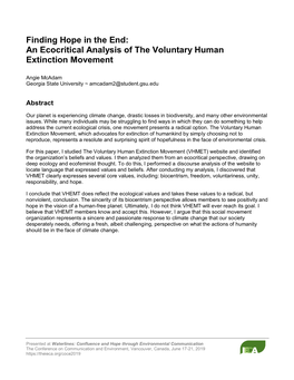 Finding Hope in the End: an Ecocritical Analysis of the Voluntary Human Extinction Movement