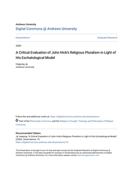 A Critical Evaluation of John Hick's Religious Pluralism in Light of His Eschatological Model