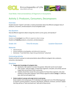 Activity 1: Producers, Consumers, Decomposers