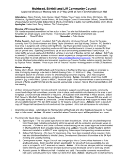 Muirhead, Birkhill and Liff Community Council Approved Minutes of Meeting Held on 3Rd May 2018 at 7Pm in Birkhill Millennium Hall
