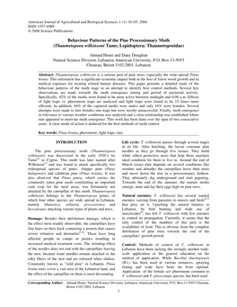 Behaviour Patterns of the Pine Processionary Moth (Thaumetopoea Wilkinsoni Tams; Lepidoptera: Thaumetopoeidae)