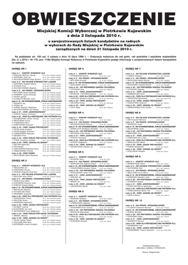 Miejskiej Komisji Wyborczej W Piotrkowie Kujawskim Z Dnia 3 Listopada 2010 R