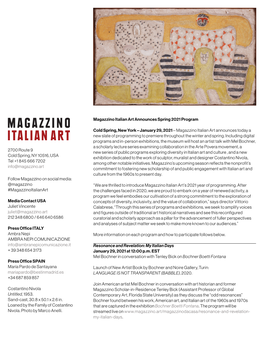 Magazzino Italian Art Announces Spring 2021 Program