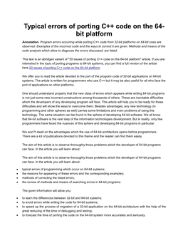 Typical Errors of Porting C++ Code on the 64- Bit Platform