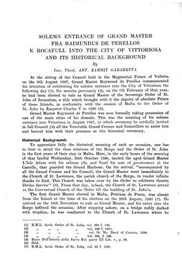 SOLEMN ENTRANCE of GRAND MASTER FRA RAIMUNDUS DE PERELLOS E ROCAFULL INTO the CITY of VITTORIOSA and ITS HISTORICAL BACKGROUND by Can