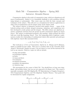 Math 746 — Commutative Algebra — Spring 2021 Instructor: Alexander Duncan