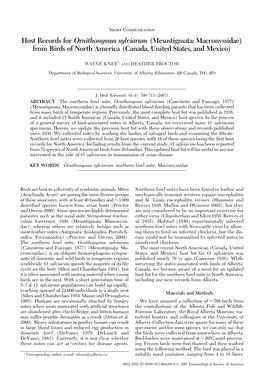 Host Records for Ornithonyssus Sylviarum (Mesostigmata: Macronyssidae) from Birds of North America (Canada, United States, and Mexico)